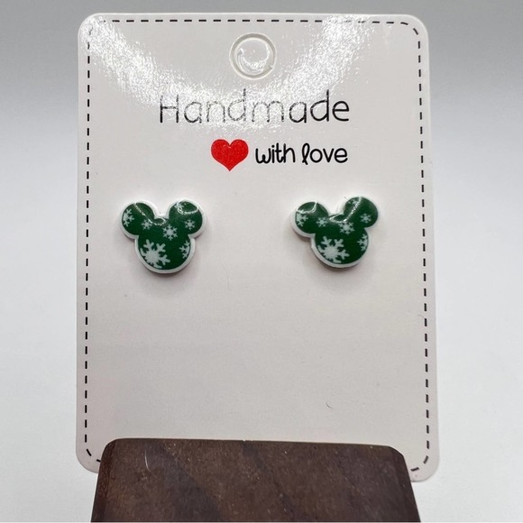 Green Mickey Mouse snowflake stud earrings. Christmas, Winter, Holiday. - Picture 9 of 9